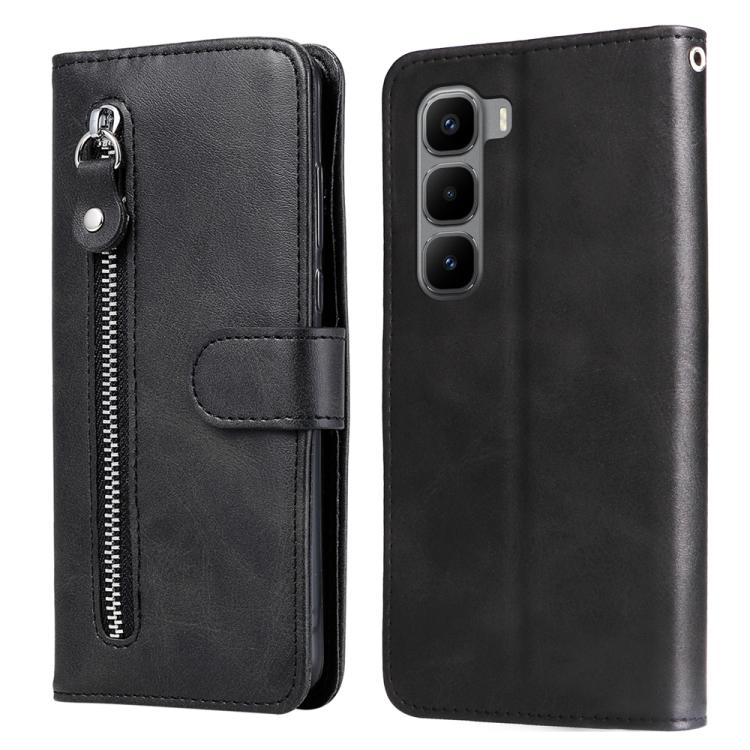 Black leather wallet phone case with zipper pocket and snap-on front flap, card holder