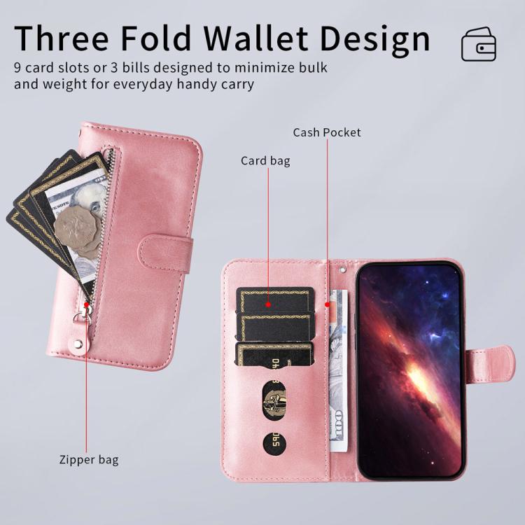 Rose pink leather wallet phone case with card slots and zipper compartment