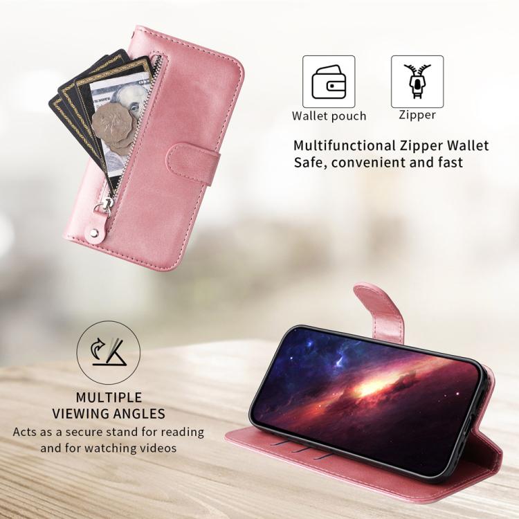 Rose pink leather folio phone case with side zipper and card slot window