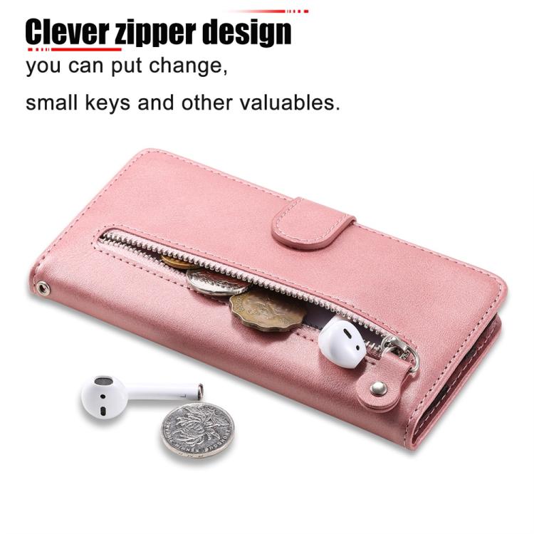 Pink leather phone case wallet with zipper pocket and snap key strap