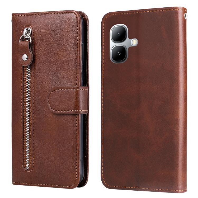 Brown leather phone case with side zipper and card holder flap
