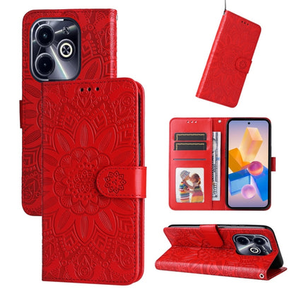 Red embossed sunflower leather folio phone case with centered sunflower design and flap