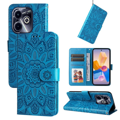 Blue embossed sunflower leather folio phone case with centered sunflower design and flap