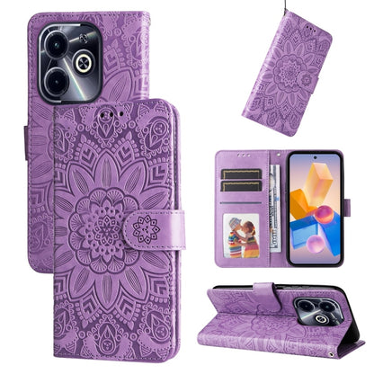 Purple embossed sunflower leather folio phone case with centered sunflower design and flap