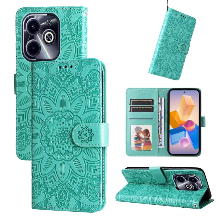 Embossed sunflower leather phone case with folio wallet, teal blue, card slots and stand