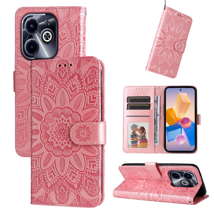 Embossed sunflower leather phone case with folio wallet, pink, card slots and viewing stand