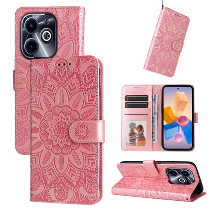 Embossed sunflower leather phone case with folio wallet, pink, card slots and viewing stand