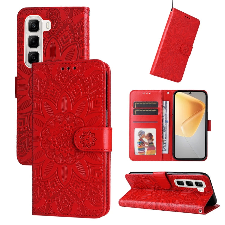 Sunflower embossed leather phone case with flip wallet, red, card slots