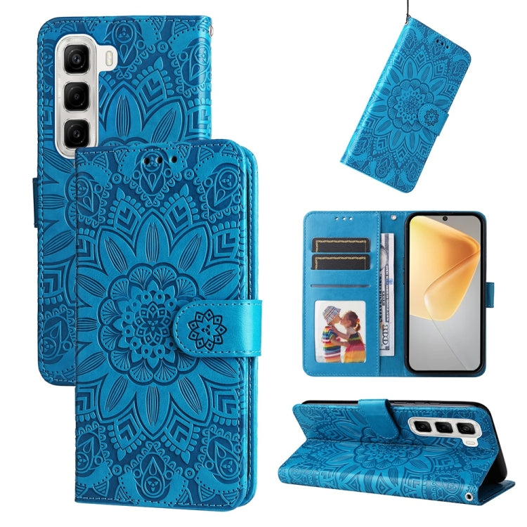 Sunflower embossed leather phone case with flip wallet, blue, card slots