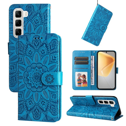 Sunflower embossed leather phone case with flip wallet, blue, card slots
