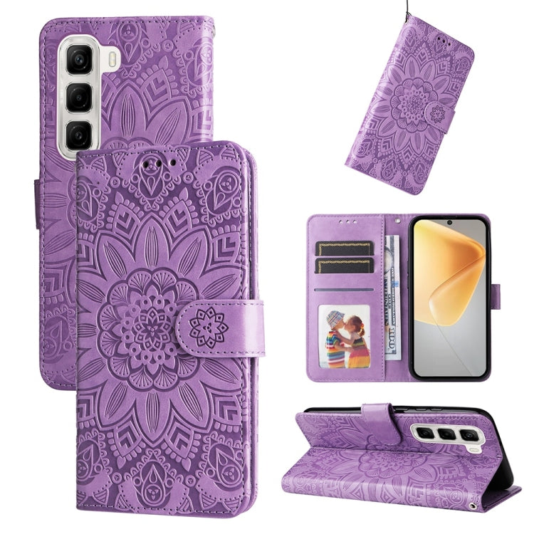 Sunflower embossed leather phone case with flip wallet, purple, card slots