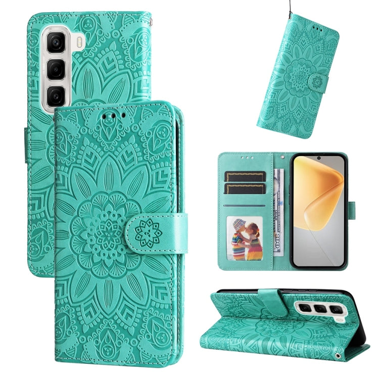 Sunflower embossed leather phone case with flip wallet, teal blue, card slots