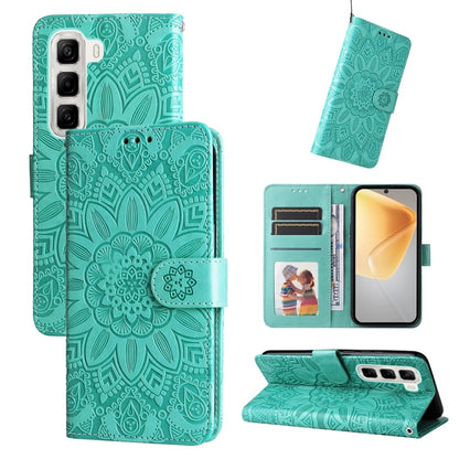 Sunflower embossed leather phone case with flip wallet, teal blue, card slots