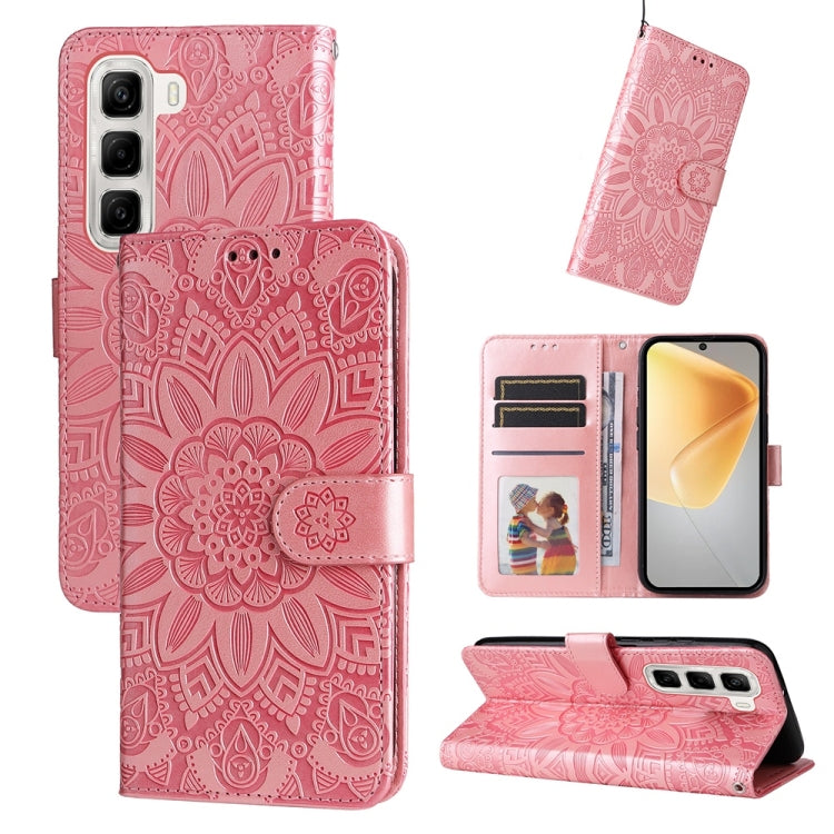 Sunflower embossed leather phone case with flip wallet, pink, card slots