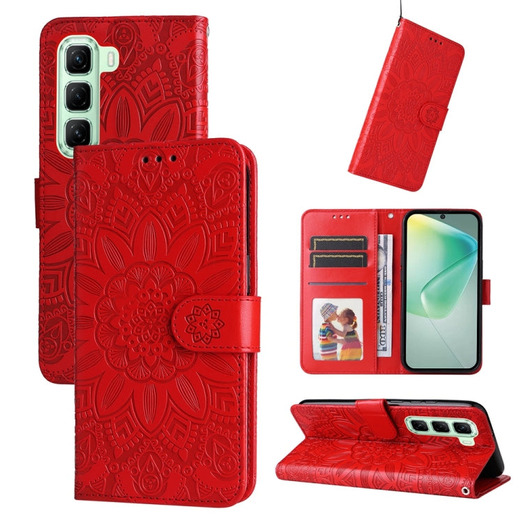 Sunflower embossed leather phone case with flip wallet, red, card slots