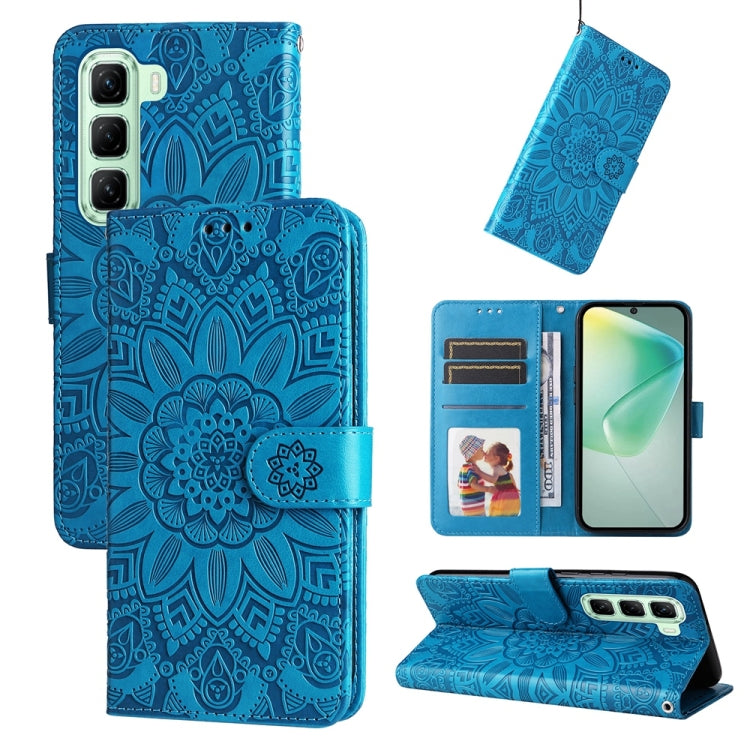 Sunflower embossed leather phone case with flip wallet, blue, card slots