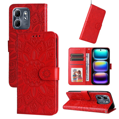 Embossed sunflower leather phone case, red flip wallet with card slots and stand