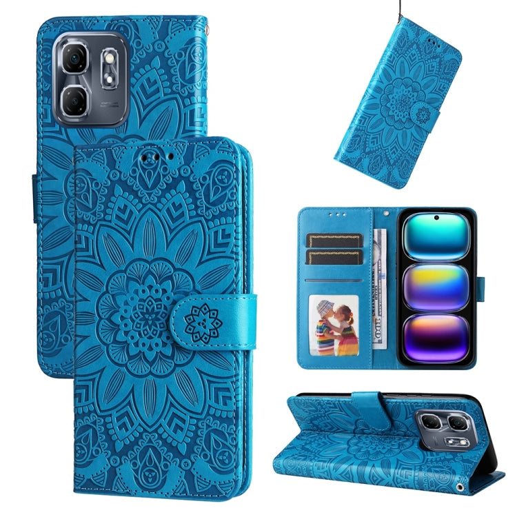 Embossed sunflower leather phone case, blue flip wallet with card slots and stand