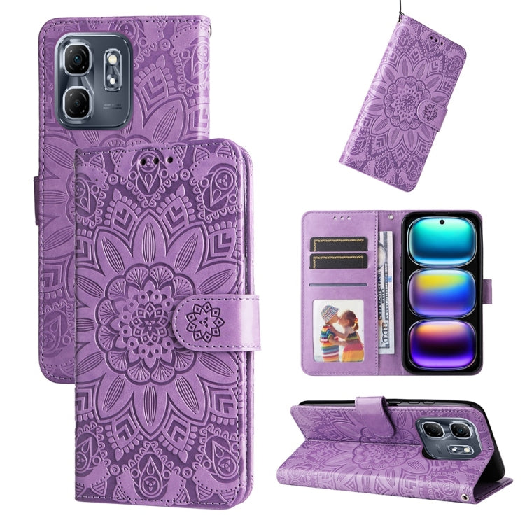 Embossed sunflower leather phone case, purple flip wallet with card slots and stand
