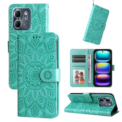 Embossed sunflower leather phone case, teal green flip wallet with card slots and stand