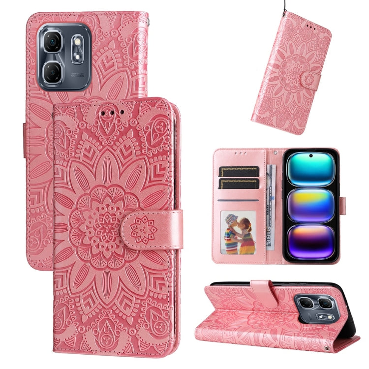 Embossed sunflower leather phone case, rose pink flip wallet with card slots and stand