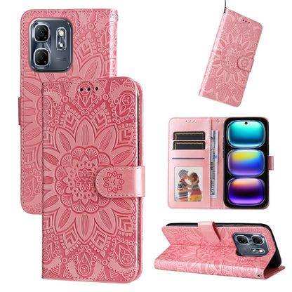 Embossed sunflower leather phone case, rose pink flip wallet with card slots and stand