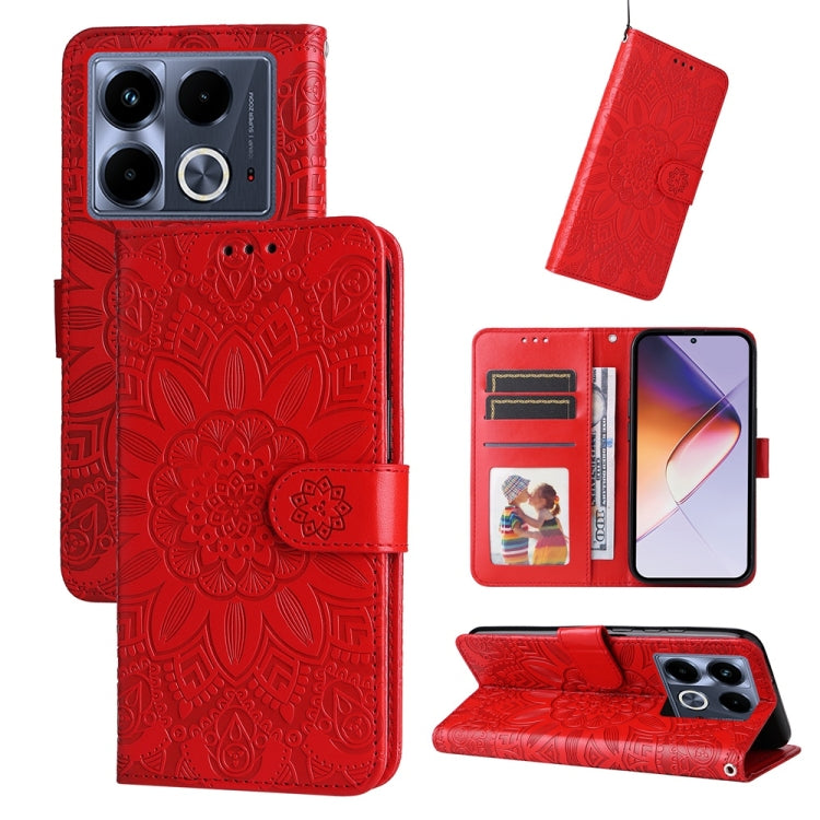 Red embossed sunflower leather phone case with flip stand and card slots