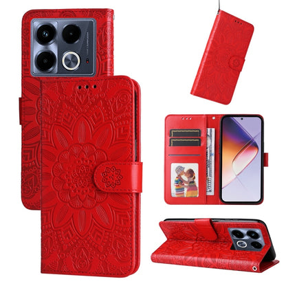 Red embossed sunflower leather phone case with flip stand and card slots