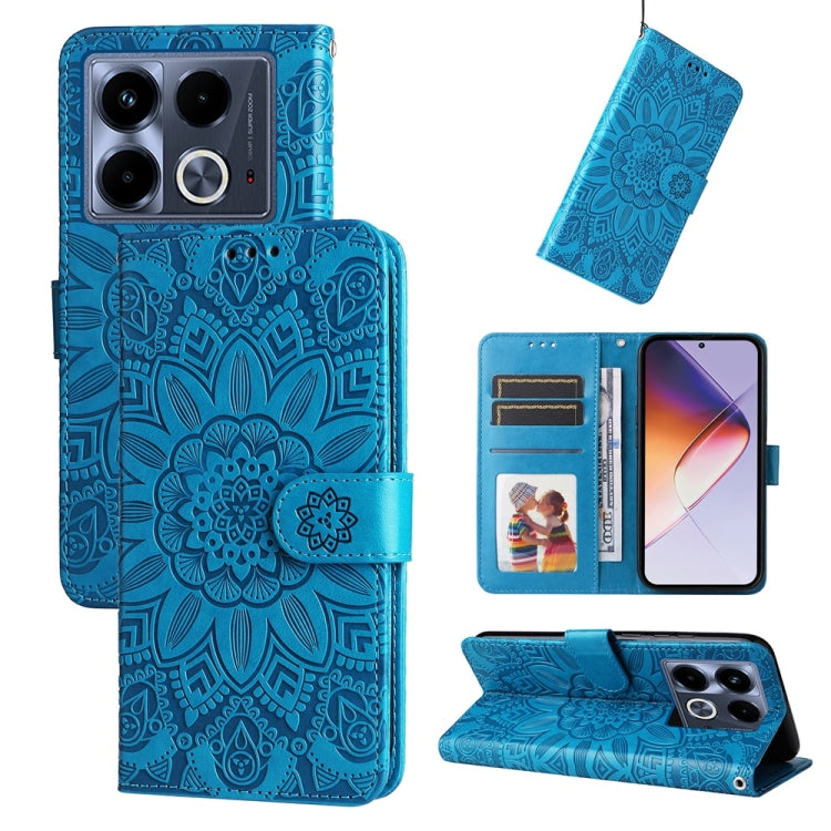 Blue embossed sunflower leather phone case with flip stand and card slots