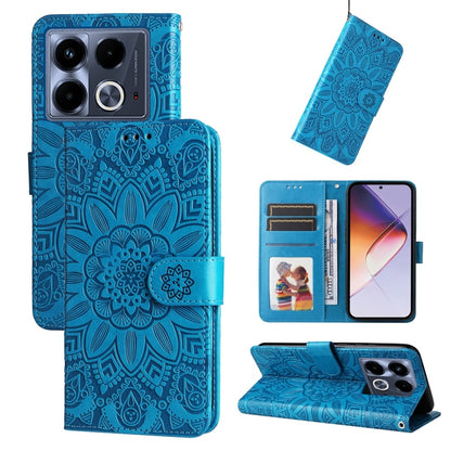 Blue embossed sunflower leather phone case with flip stand and card slots