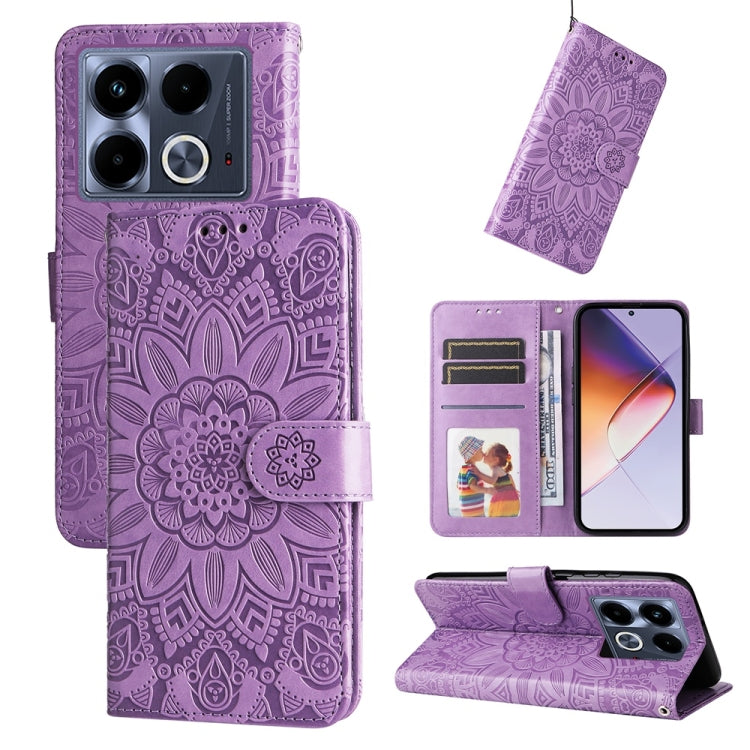 Purple embossed sunflower leather phone case with flip stand and card slots