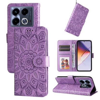Purple embossed sunflower leather phone case with flip stand and card slots