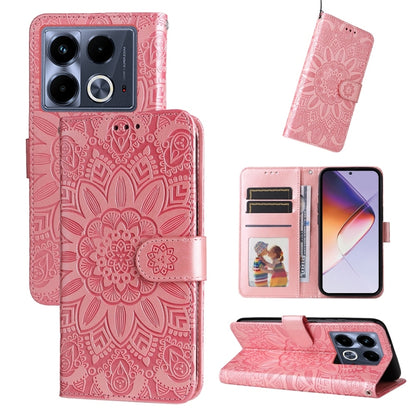 Pink embossed sunflower leather folio phone case with card slots and magnetic flap