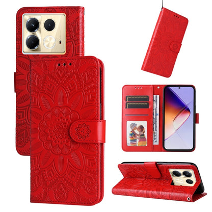Red sunflower embossed leather phone case with flip cover and card slots