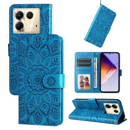 Blue sunflower embossed leather phone case with flip cover, card slots, and stand