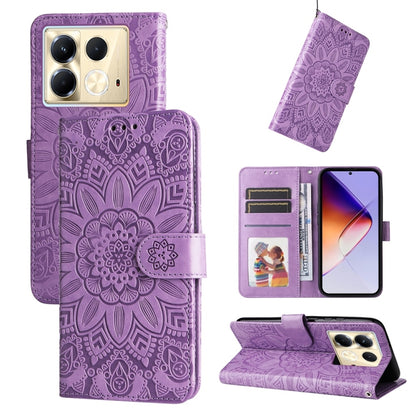 Purple sunflower embossed leather phone case with flip cover, card slots, and stand
