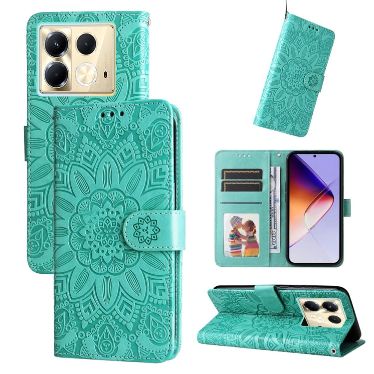 Teal embossed sunflower leather phone case with flip stand and card slots
