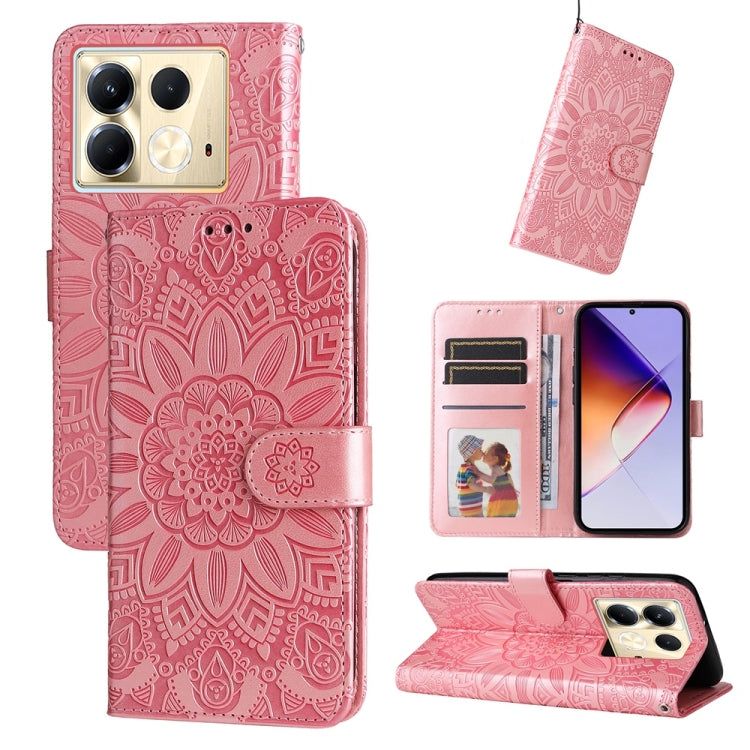 Pink embossed sunflower leather phone case with flip stand and card slots