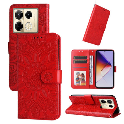 Red embossed sunflower leather phone case with flip stand and card slots