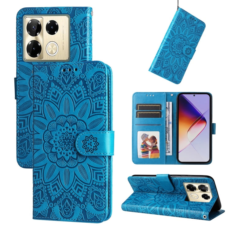 Blue embossed sunflower leather phone case with flip stand and card slots
