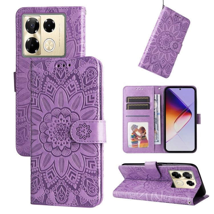Purple embossed sunflower leather phone case with flip stand and card slots