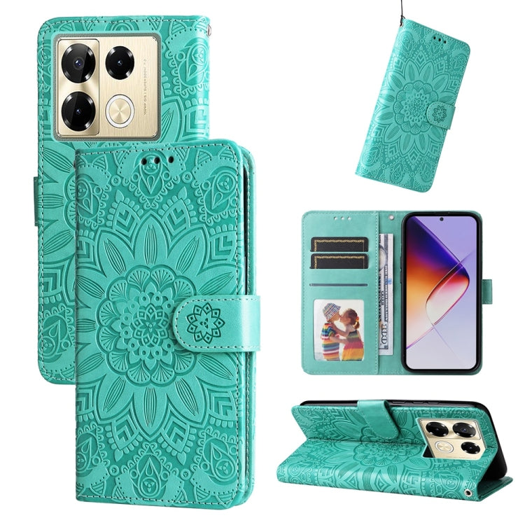 Teal embossed sunflower leather phone case with flip stand and card slots
