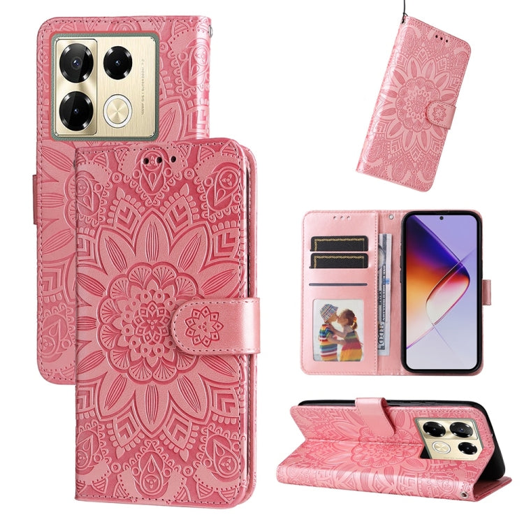 Pink embossed sunflower leather phone case with flip stand and card slots