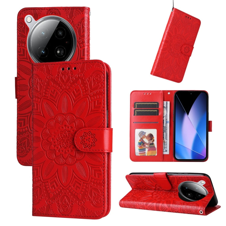 Red sunflower embossed leather phone case with magnetic strap and card slots