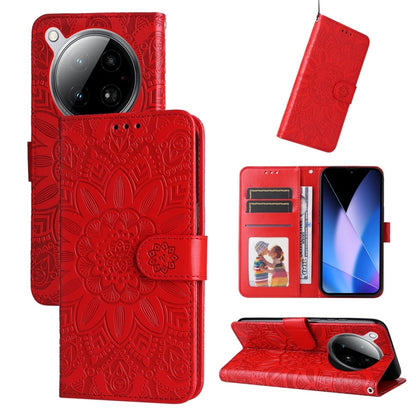 Red sunflower embossed leather phone case with magnetic strap and card slots