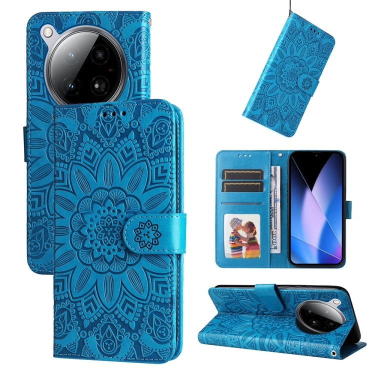 Blue sunflower embossed leather phone case with wallet folio and card slots