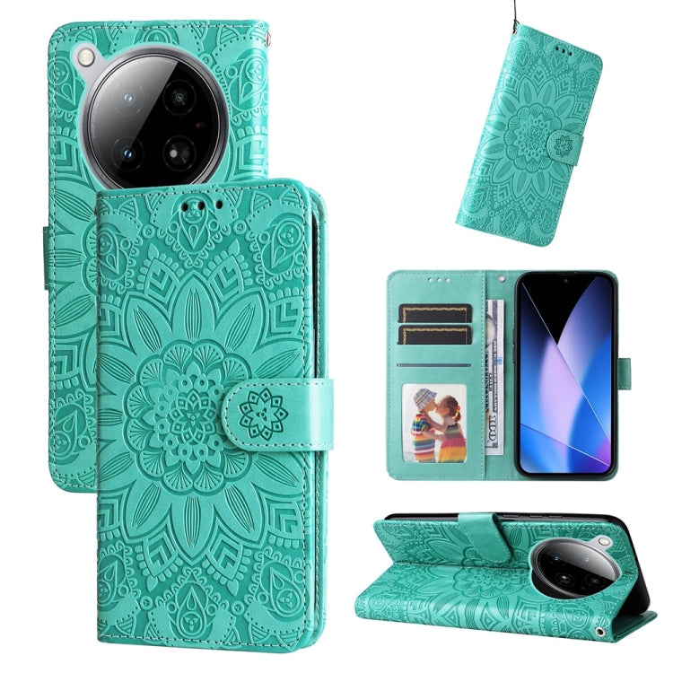 Teal sunflower embossed leather phone case with flip cover, card slots, and stand