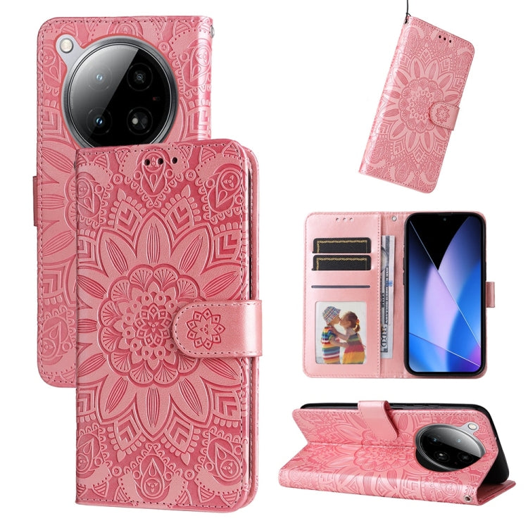 Pink sunflower embossed leather phone case with flip cover, card slots, and stand