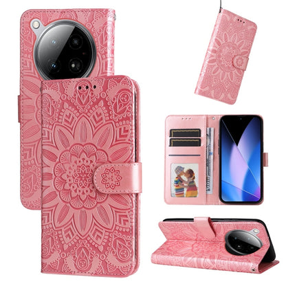 Pink sunflower embossed leather phone case with flip cover, card slots, and stand