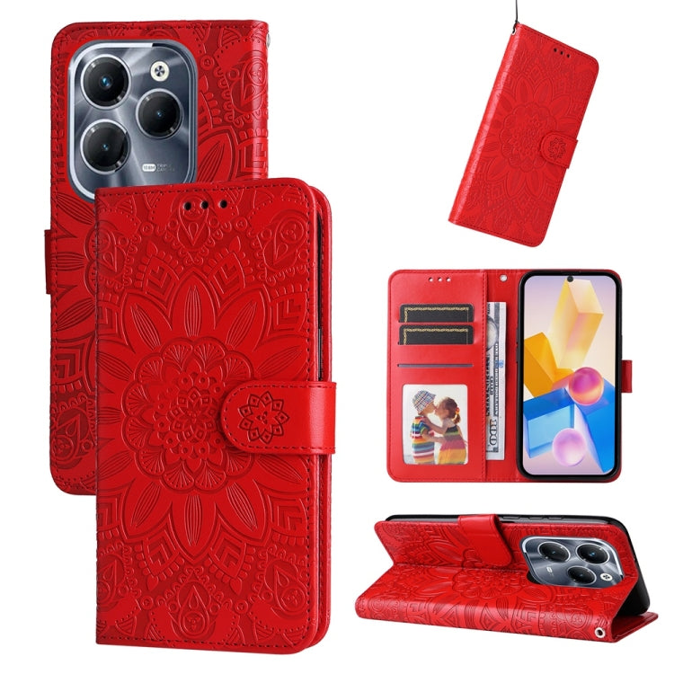 Red embossed sunflower leather folio phone case with card slots and magnetic flap